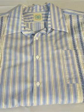 Dos Carolinas Guayabera Men’s Striped Blue, Yellow and White Dress Shirt